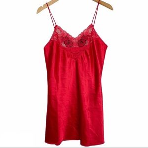 Vintage Val Mode Red Rose Lace Lingerie Slip Dress